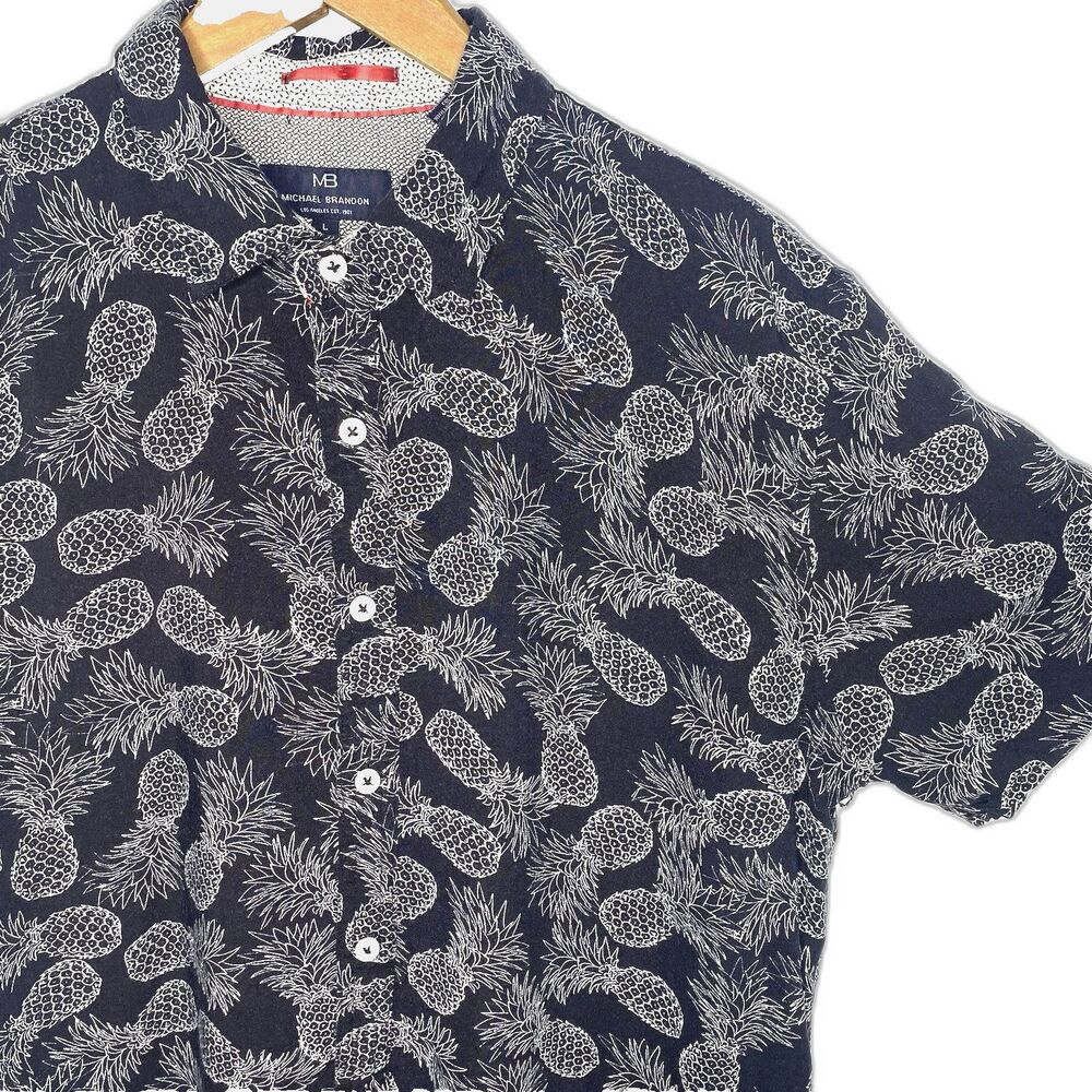 Michael Brandon Slim Fit Button Front Pineapples Shirt Short Sleeve Mens L Blue